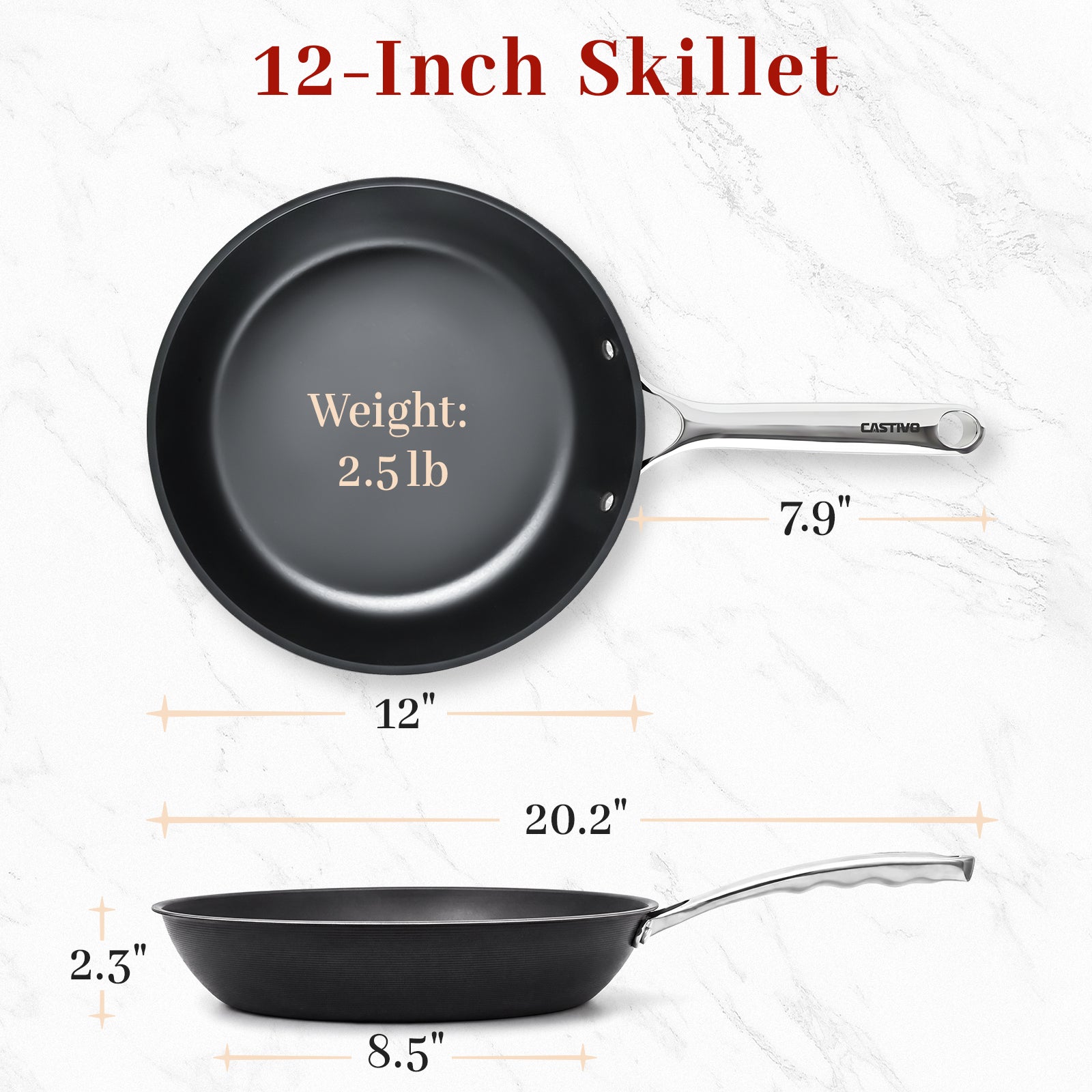 12-inch skillet with measurements and weight displayed on a white background