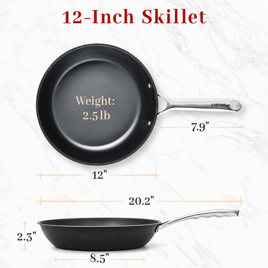 12-inch skillet with measurements and weight displayed on a white background