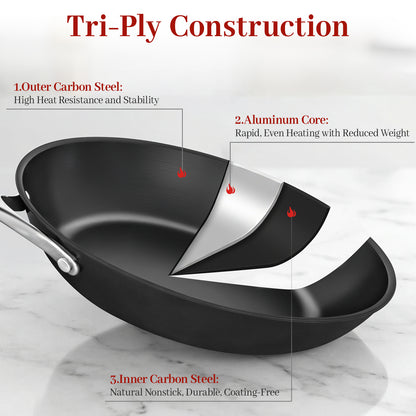 CASTIVO Tri-Ply Carbon Steel 12 Inch Pan - Pre-Seasoned Carbon Steel Skillet