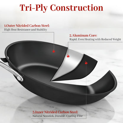 CASTIVO Tri-Ply Carbon Steel 12 Inch Pan - Pre-Seasoned Carbon Steel Skillet