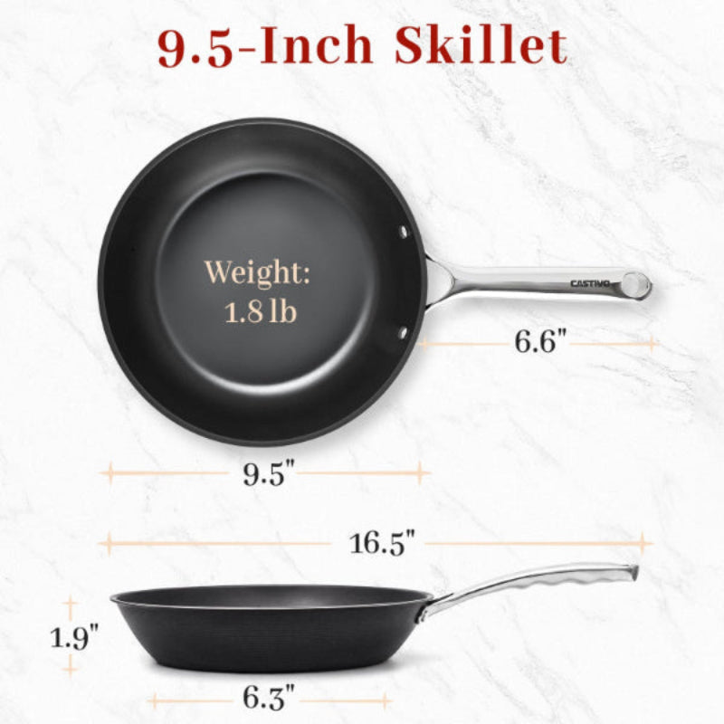 9.5-inch skillet with measurements and weight displayed on a white background