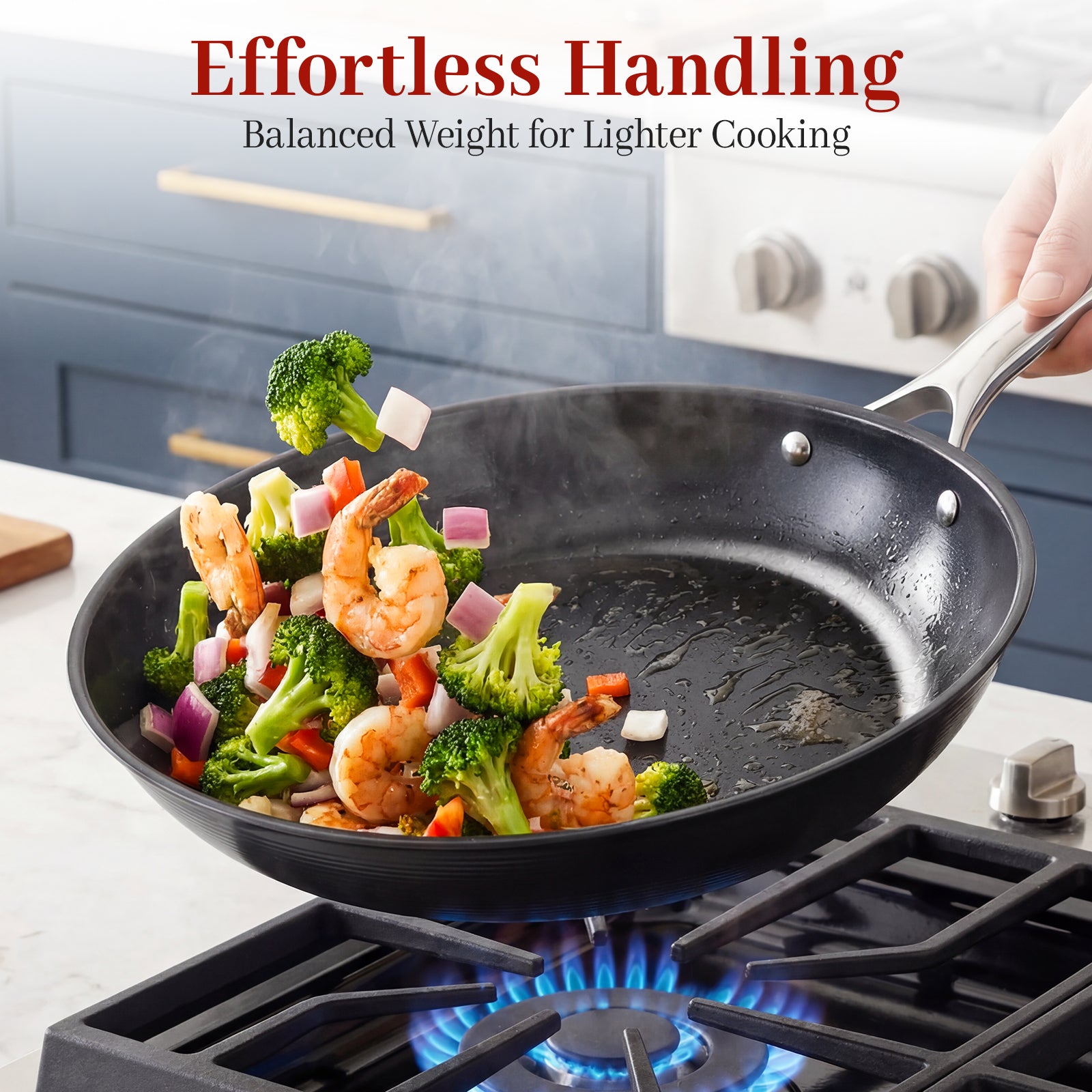 Frying pan with vegetables and shrimp on a stove, with text about effortless handling.